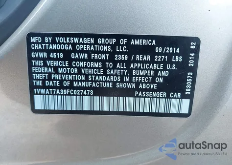 2015 Volkswagen Passat 1.8T Wolfsburg Edition z USA, uszkodzony, nr VIN 1VWAT7A39FC027473